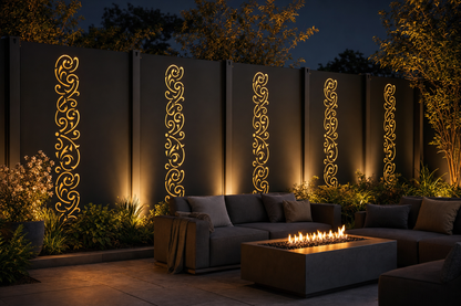 Design 144 Large Curling Vine Laser Cut Metal Privacy Screen Panel installed garden night lighting view