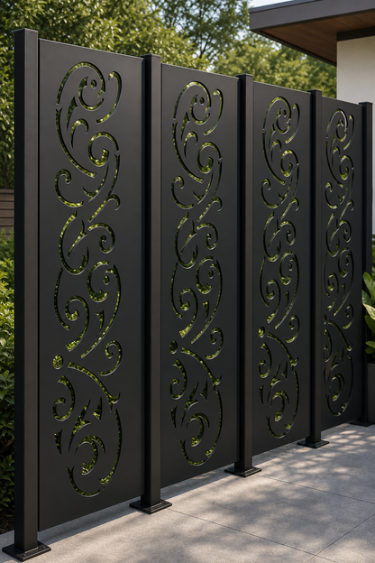 Design 144 Large Curling Vine Laser Cut Metal Privacy Screen Panel oblique angle view