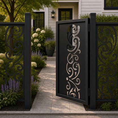 Design 144 open large scrollwork black aluminium side gate open view