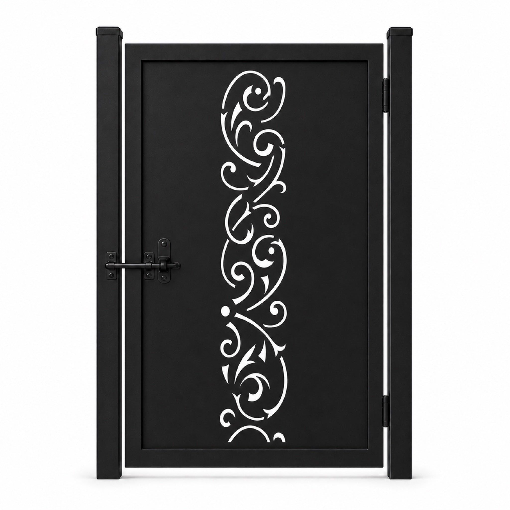 Design 144 open large scrollwork black laser cut metal pedestrian gate closed view