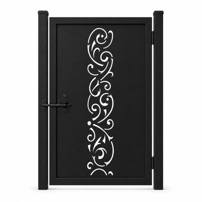 Design 144 open large scrollwork black laser cut metal pedestrian gate closed view