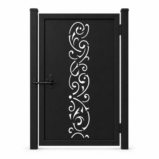 Design 144 open large scrollwork black laser cut metal pedestrian gate closed view