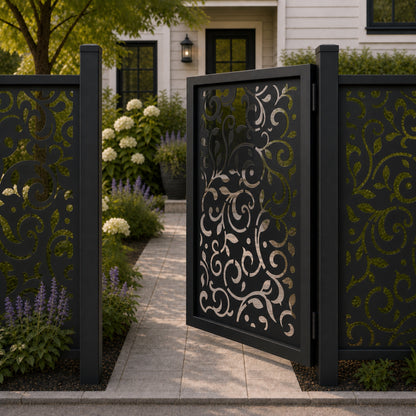 Design 145 allover large scroll leaf black aluminium side gate open view