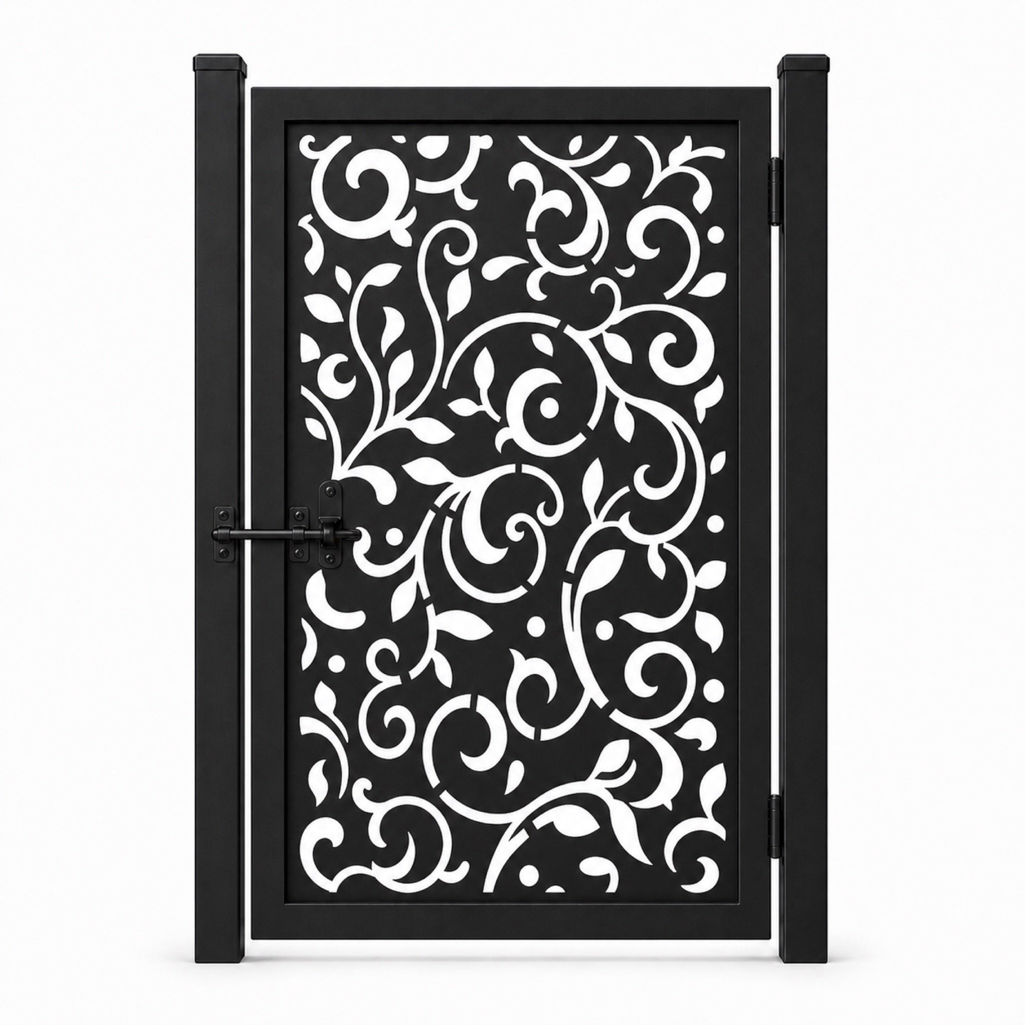 Design 145 allover large scroll leaf black laser cut metal pedestrian gate closed view