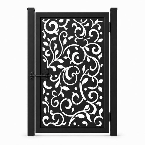 Design 145 allover large scroll leaf black laser cut metal pedestrian gate closed view