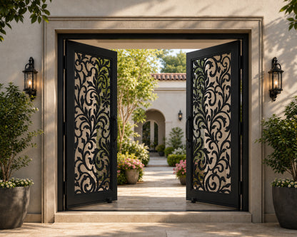 EONE Design 145 custom villa courtyard gate with botanical vine scrollwork shown open in a luxury entrance scene