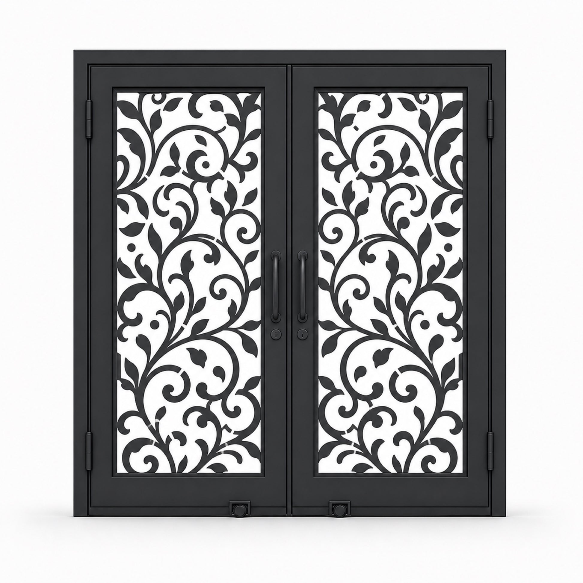 EONE Design 145 luxury double entry gate with botanical vine scrollwork shown closed on white background