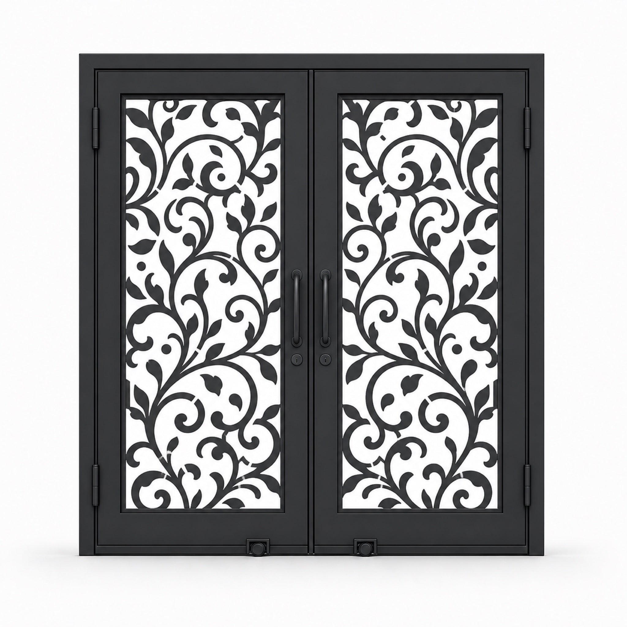EONE Design 145 luxury double entry gate with botanical vine scrollwork shown closed on white background