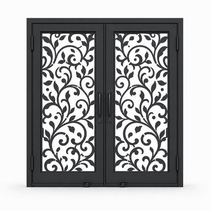 EONE Design 145 luxury double entry gate with botanical vine scrollwork shown closed on white background