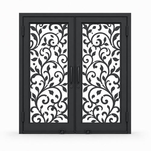 EONE Design 145 luxury double entry gate with botanical vine scrollwork shown closed on white background