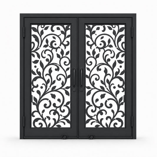 EONE Design 145 luxury double entry gate with botanical vine scrollwork shown closed on white background
