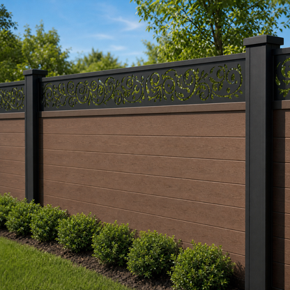 Floral Scroll Lace laser cut fence extension panel installed on composite fence, angle view, Design 145