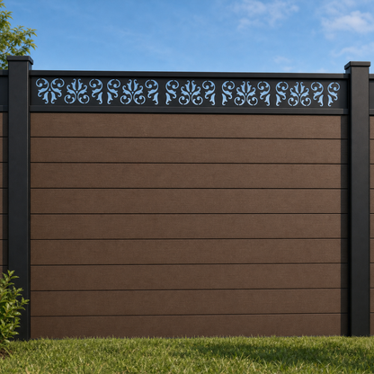Floral Scroll Lace metal fence topper installed above WPC composite privacy fence, front view, Design 145