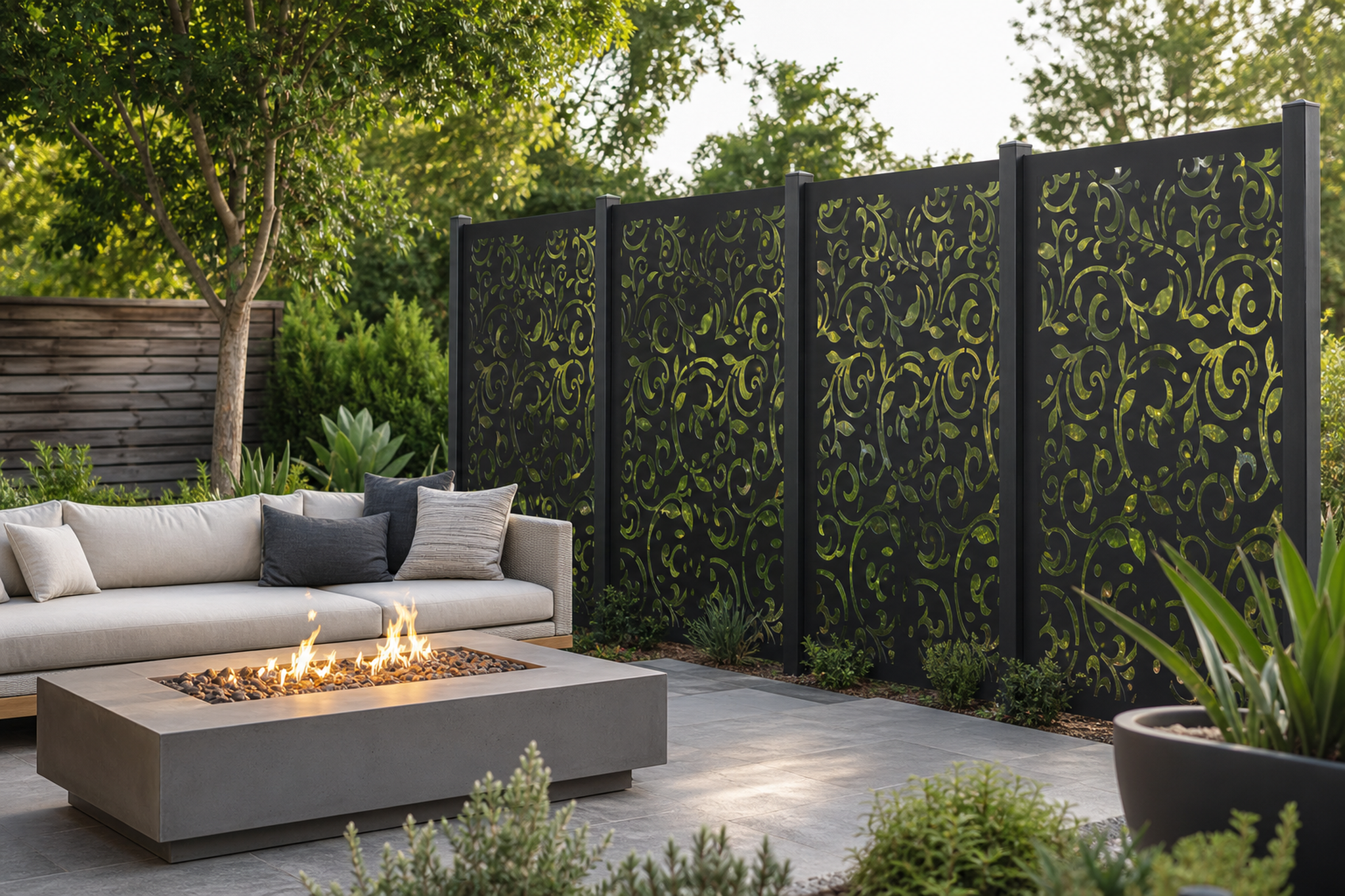 Design 145 Floral Scroll Lace Laser Cut Metal Privacy Screen Panel installed garden daylight view
