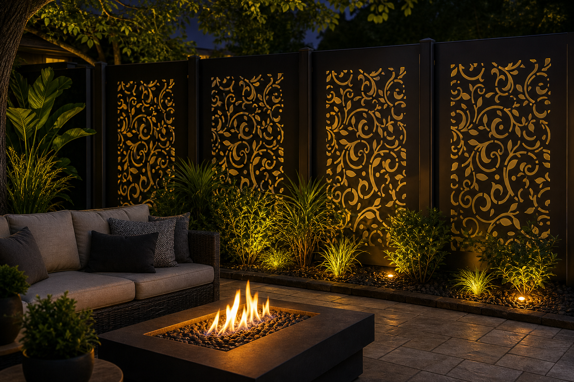 Design 145 Floral Scroll Lace Laser Cut Metal Privacy Screen Panel installed garden night lighting view