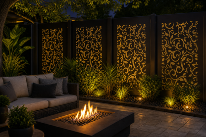 Design 145 Floral Scroll Lace Laser Cut Metal Privacy Screen Panel installed garden night lighting view