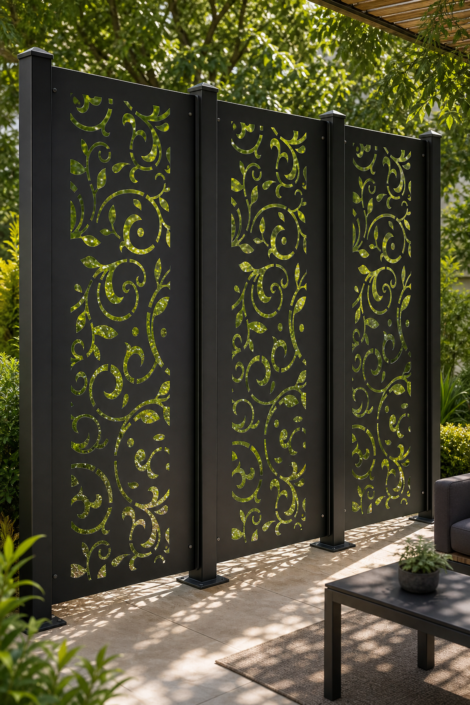 Design 145 Floral Scroll Lace Laser Cut Metal Privacy Screen Panel oblique angle view
