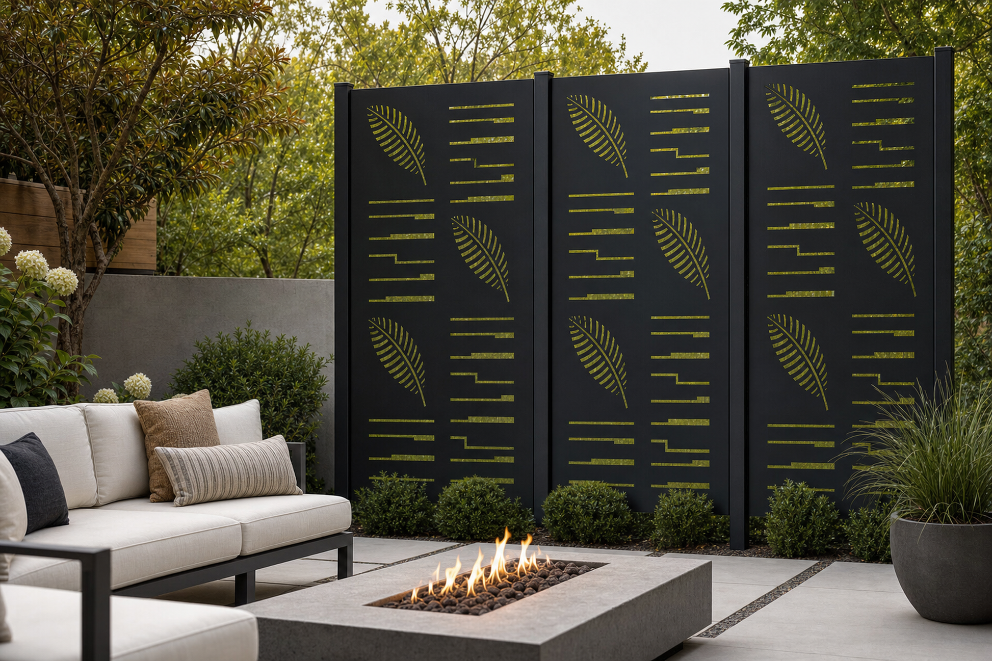 Design 146 Fern Stripe Laser Cut Metal Privacy Screen Panel installed garden daylight view