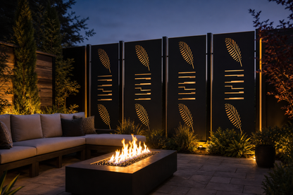 Design 146 Fern Stripe Laser Cut Metal Privacy Screen Panel installed garden night lighting view