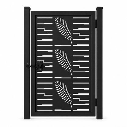 Design 146A feather leaf step horizontal line black laser cut metal pedestrian gate closed view
