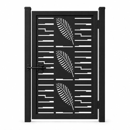 Design 146A feather leaf step horizontal line black laser cut metal pedestrian gate closed view