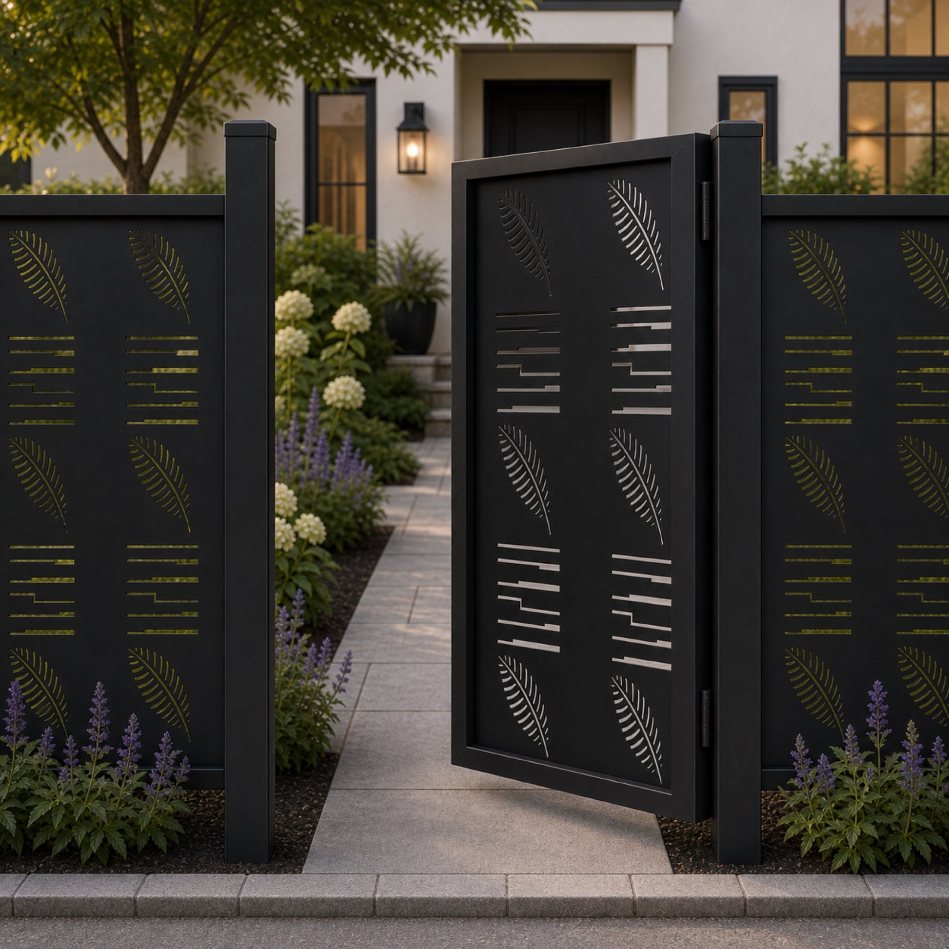 Design 146B feather leaf step line black aluminium side gate open view