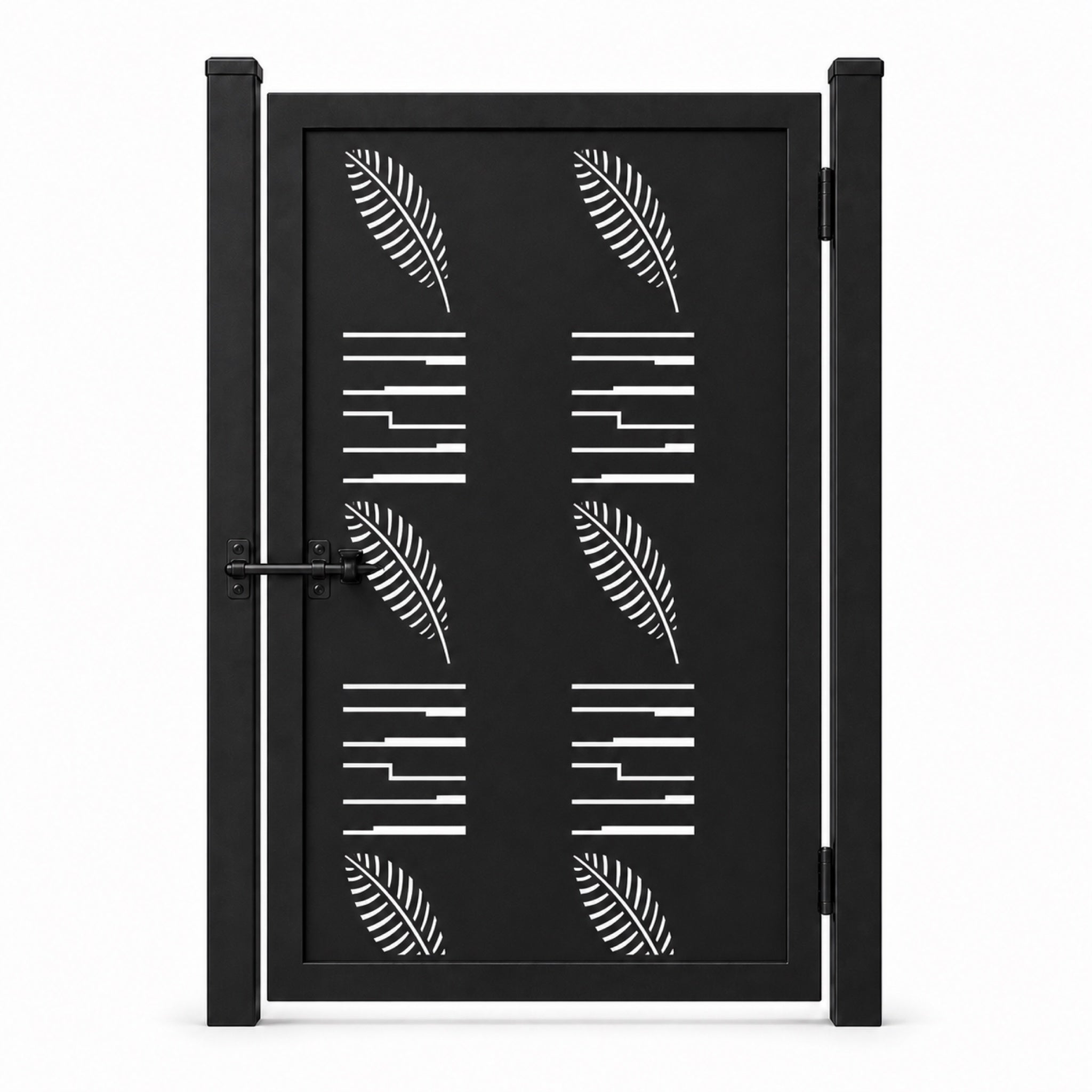 Design 146B feather leaf step line black laser cut metal pedestrian gate closed view