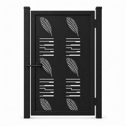 Design 146B feather leaf step line black laser cut metal pedestrian gate closed view