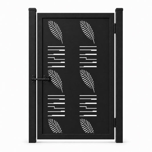 Design 146B feather leaf step line black laser cut metal pedestrian gate closed view