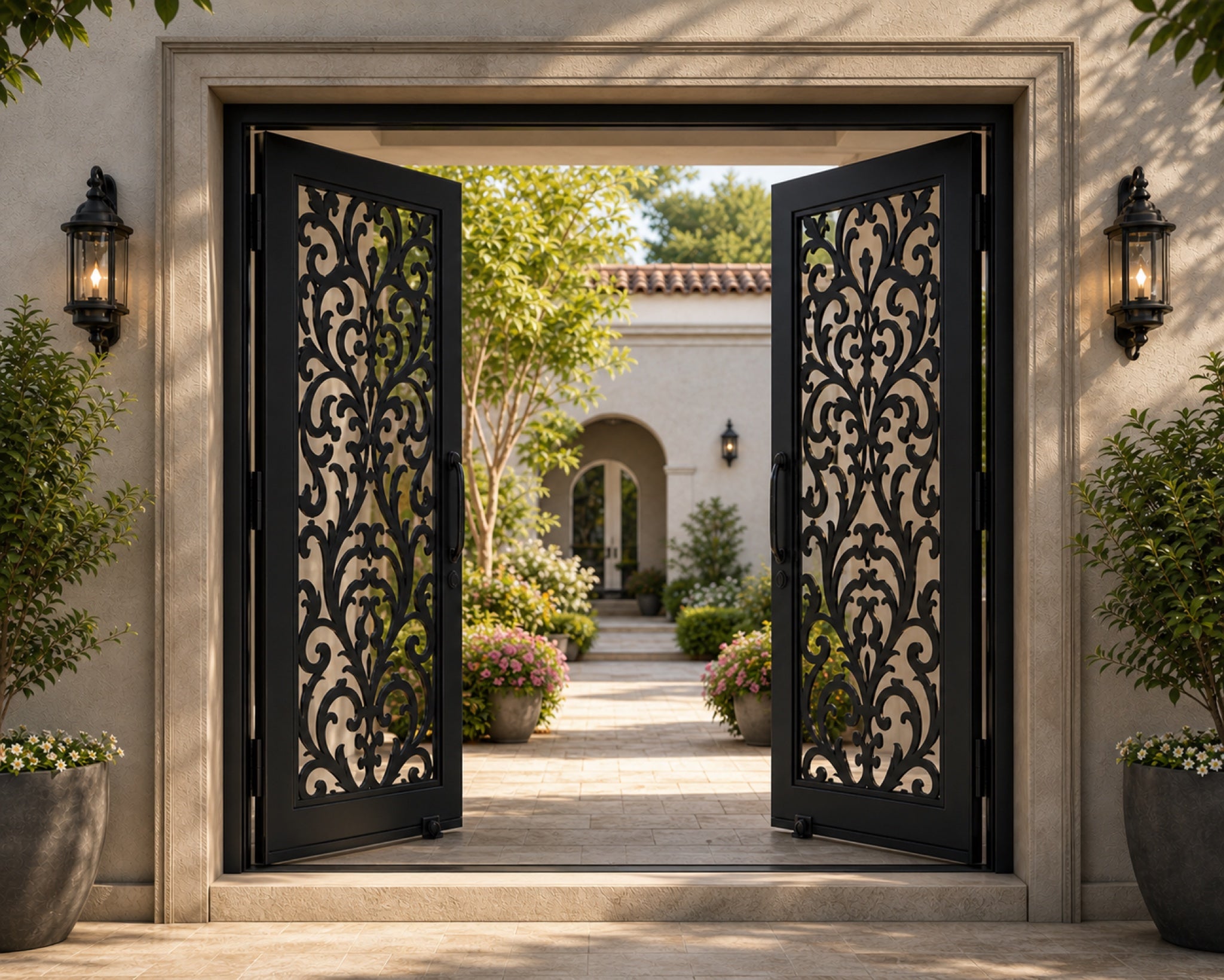 EONE Design 147 custom villa courtyard gate with baroque filigree crest pattern shown open in a luxury entrance scene