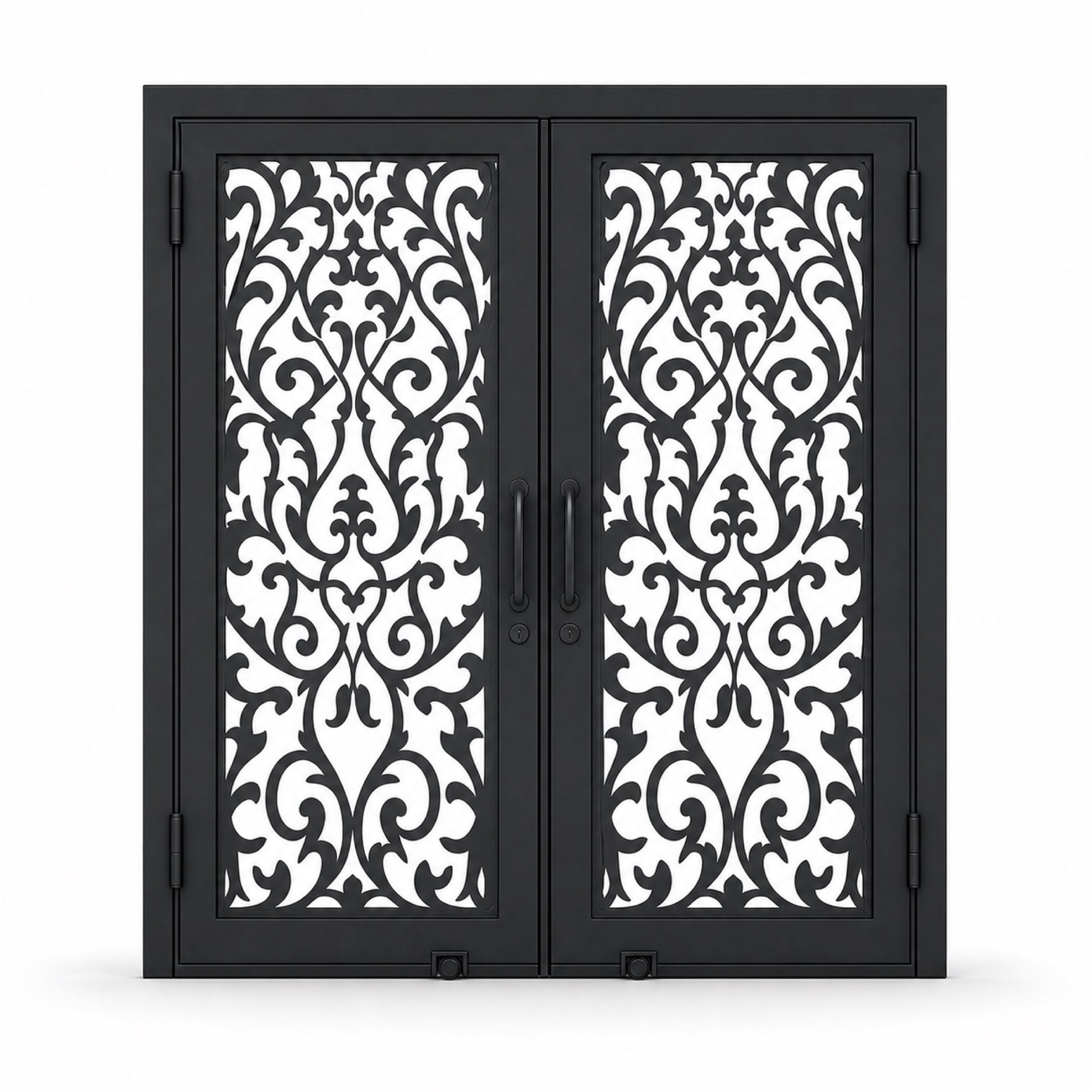 EONE Design 147 luxury double entry gate with baroque filigree crest pattern shown closed on white background