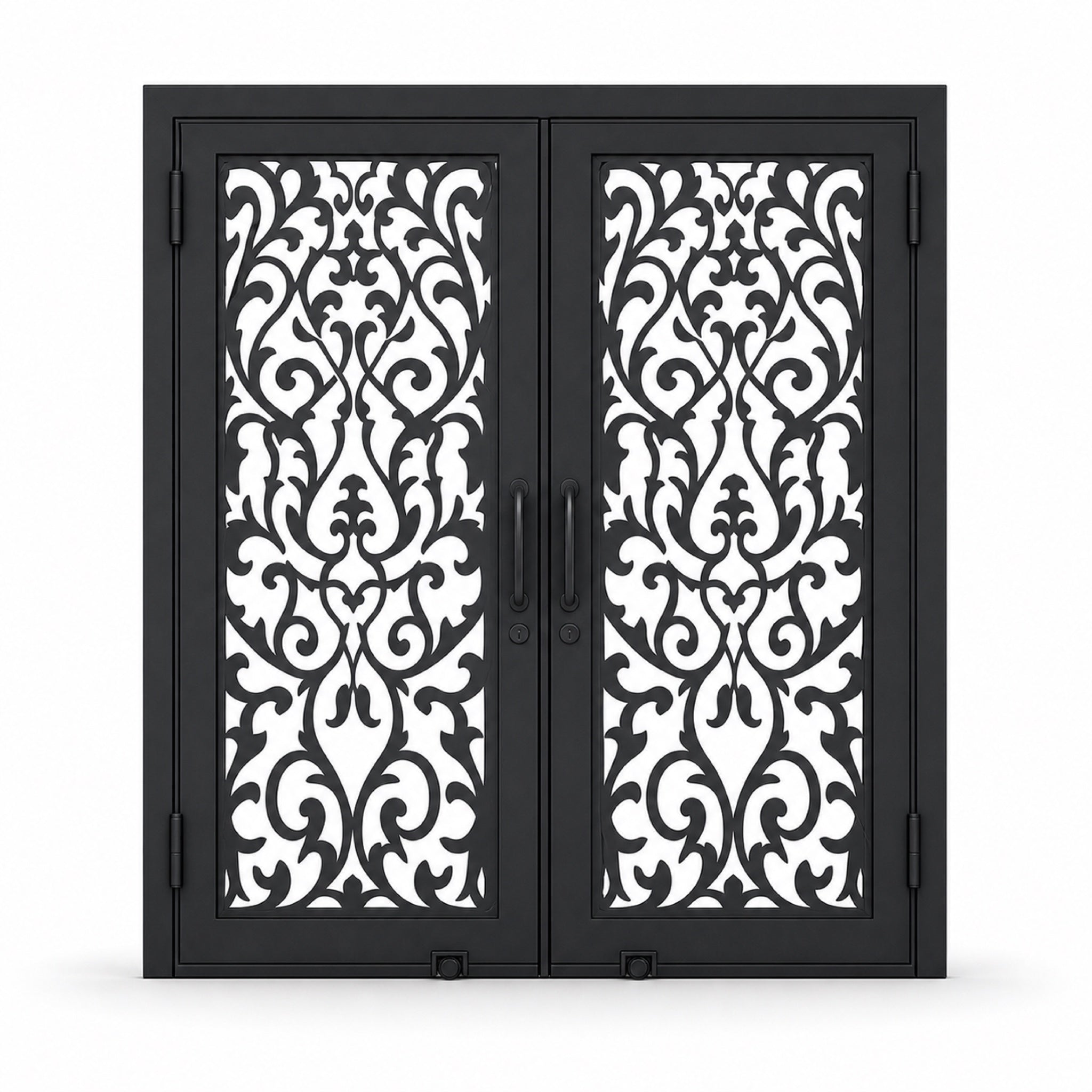 EONE Design 147 luxury double entry gate with baroque filigree crest pattern shown closed on white background