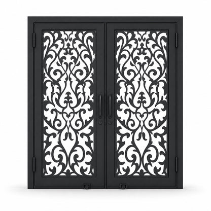 EONE Design 147 luxury double entry gate with baroque filigree crest pattern shown closed on white background