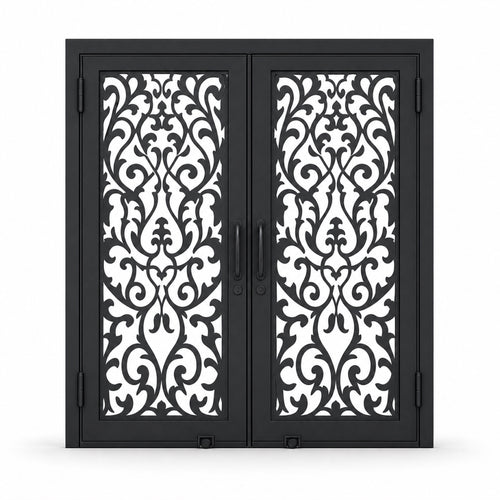 EONE Design 147 luxury double entry gate with baroque filigree crest pattern shown closed on white background