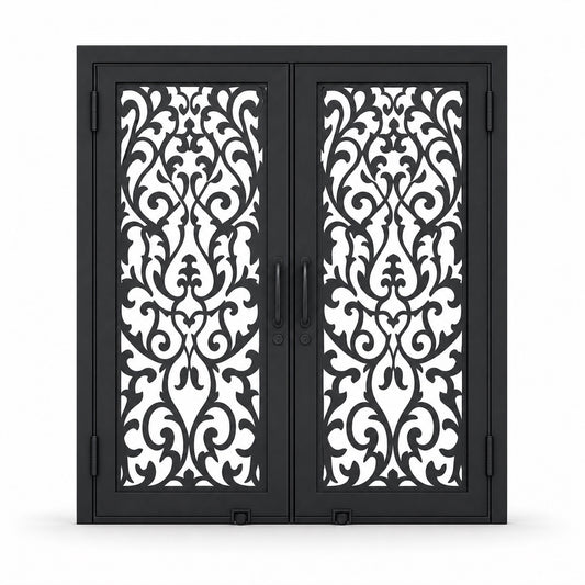 EONE Design 147 luxury double entry gate with baroque filigree crest pattern shown closed on white background