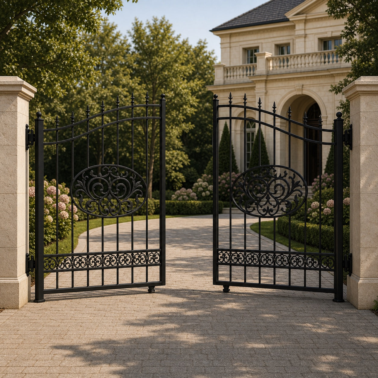 EONE Design 147 luxury front entrance swing gate shown 30 degrees open for driveway entry view