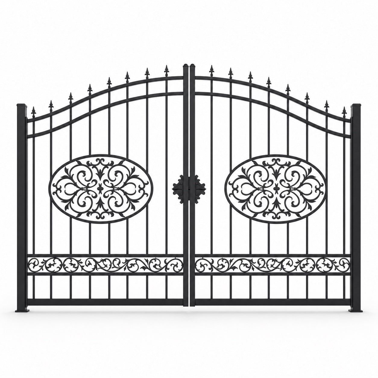 EONE Design 147 luxury front entrance swing gate shown as a closed double swing estate driveway gate
