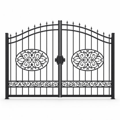 EONE Design 147 luxury front entrance swing gate shown as a closed double swing estate driveway gate