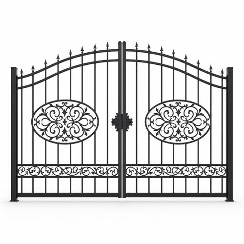 EONE Design 147 luxury front entrance swing gate shown as a closed double swing estate driveway gate