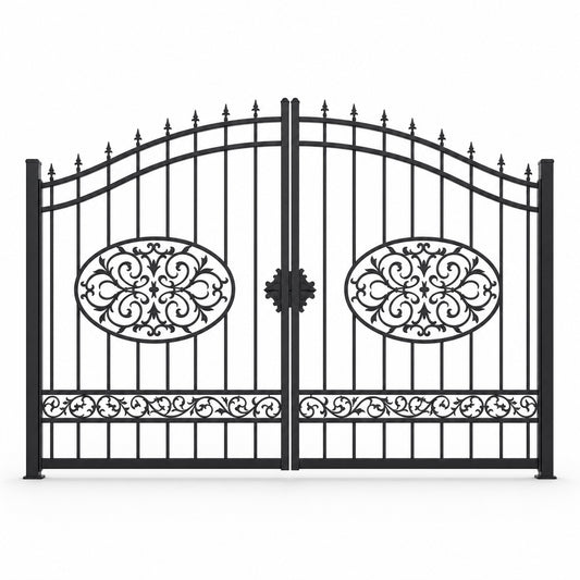 EONE Design 147 luxury front entrance swing gate shown as a closed double swing estate driveway gate