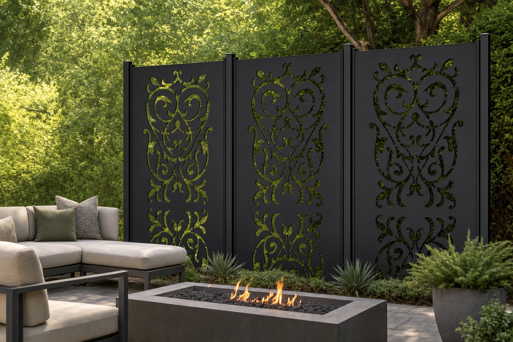 Design 147 Rococo Damask Laser Cut Metal Privacy Screen Panel installed garden daylight view