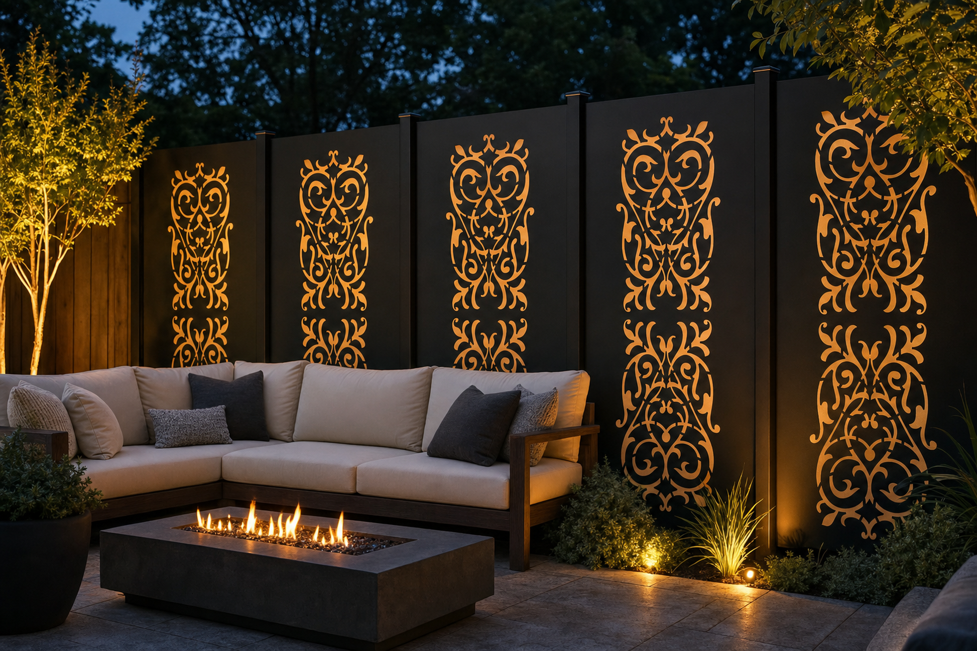 Design 147 Rococo Damask Laser Cut Metal Privacy Screen Panel installed garden night lighting view