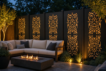 Design 147 Rococo Damask Laser Cut Metal Privacy Screen Panel installed garden night lighting view