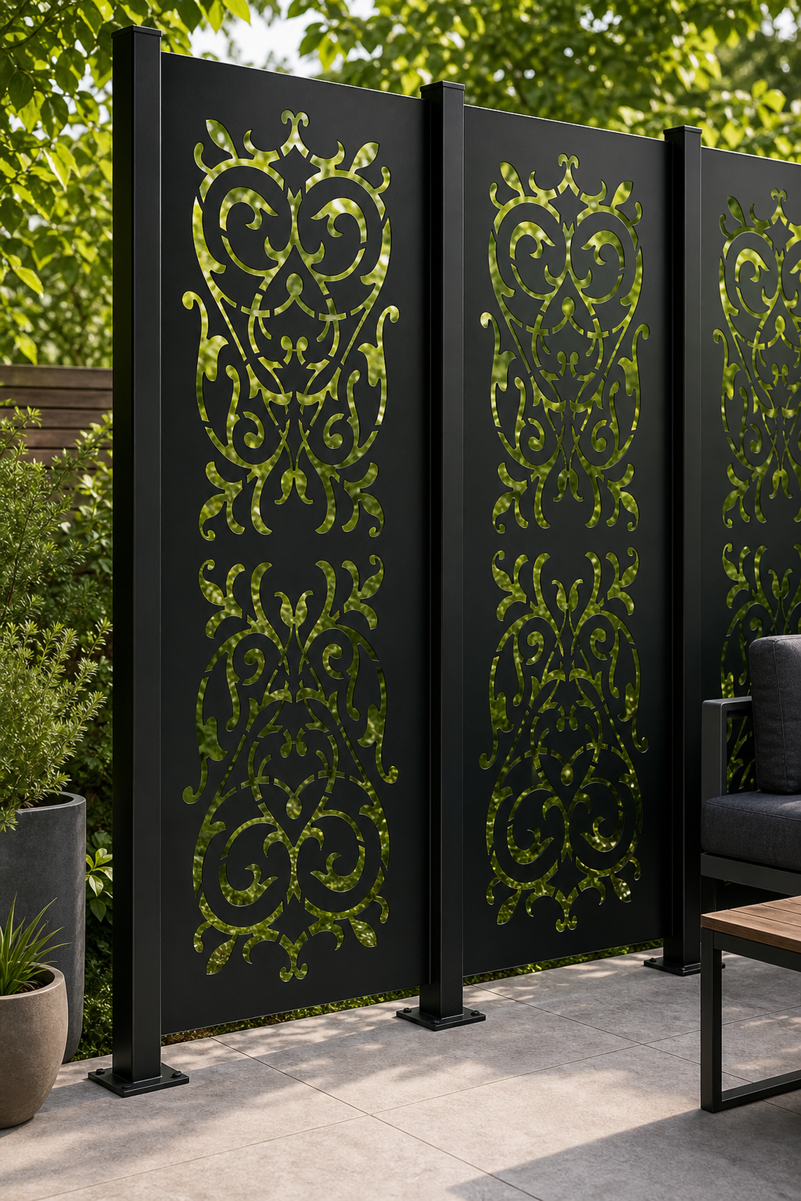 Design 147 Rococo Damask Laser Cut Metal Privacy Screen Panel oblique angle view