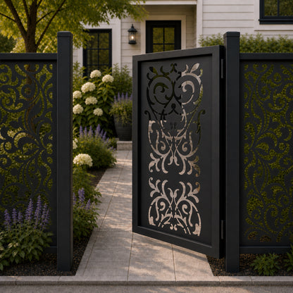 Design 147A symmetrical european scroll leaf black aluminium side gate open view