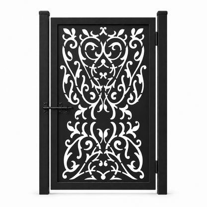 Design 147A symmetrical european scroll leaf black laser cut metal pedestrian gate closed view