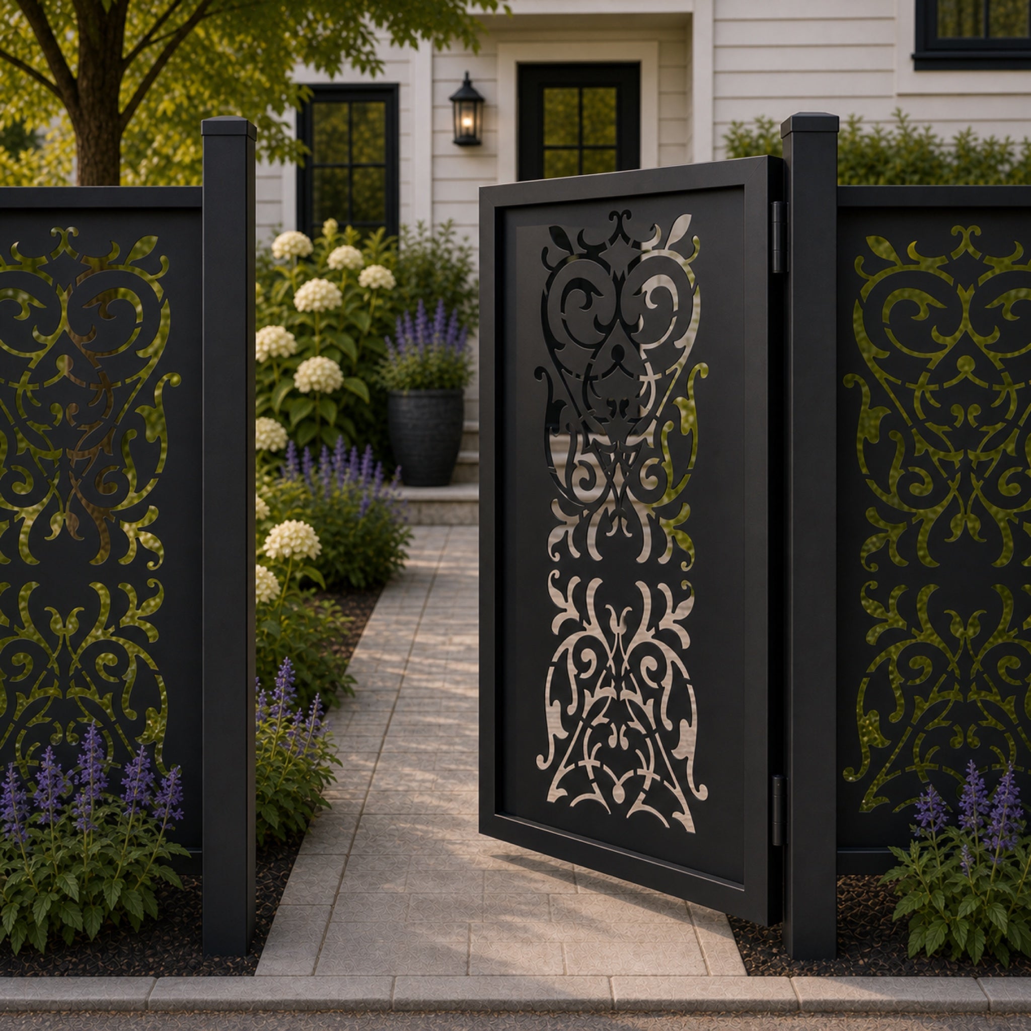 Design 147B european double section scrollwork black aluminium side gate open view