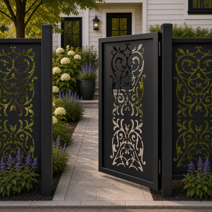 Design 147B european double section scrollwork black aluminium side gate open view