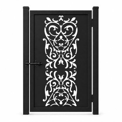 Design 147B european double section scrollwork black laser cut metal pedestrian gate closed view