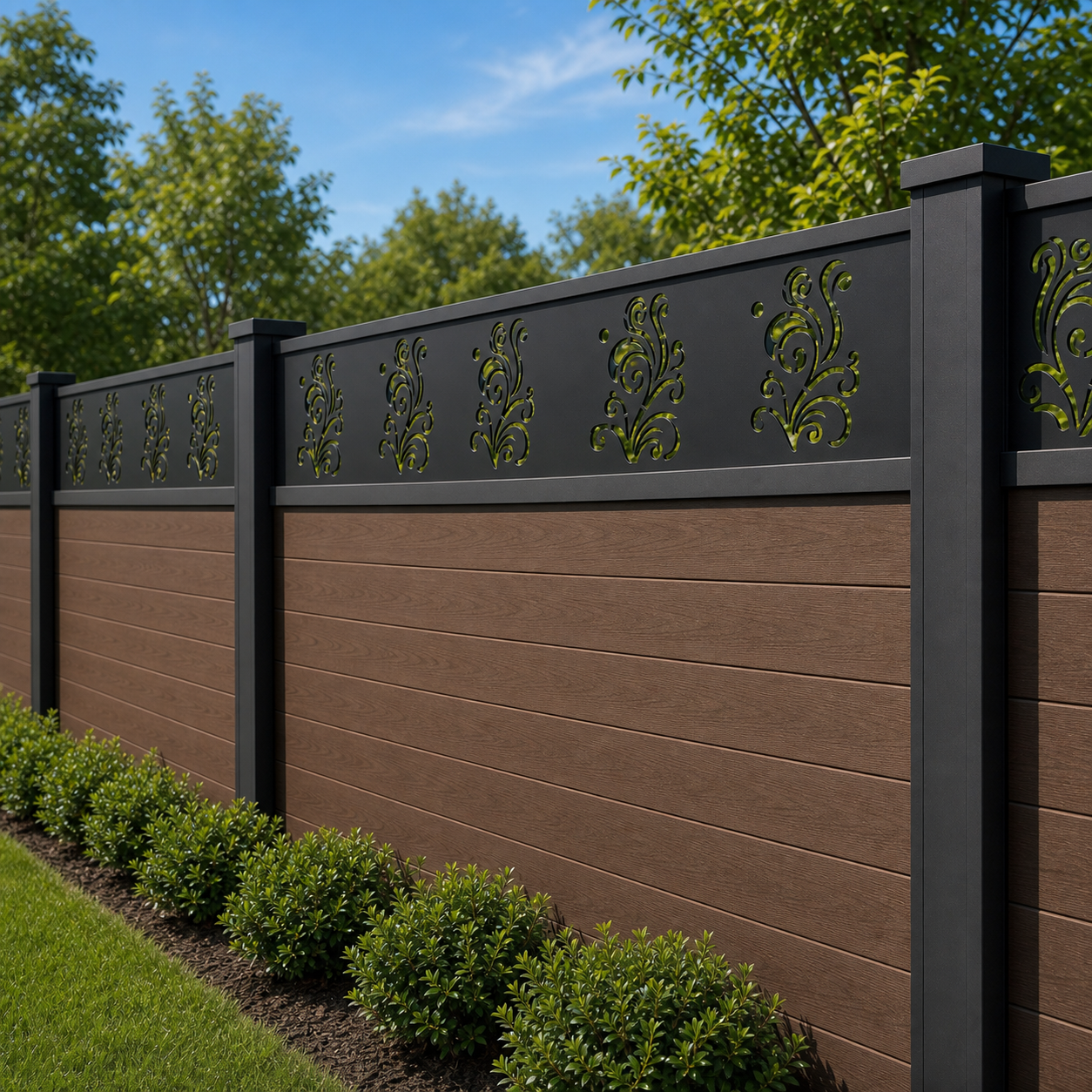Baroque Leaf Panel laser cut fence extension panel installed on composite fence, angle view, Design 148